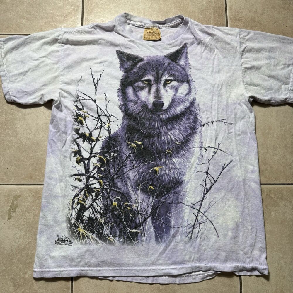 2001 The Mountain Wolf Vintage Tee Medium T-Shirt White Purple Tie Dye USA Made